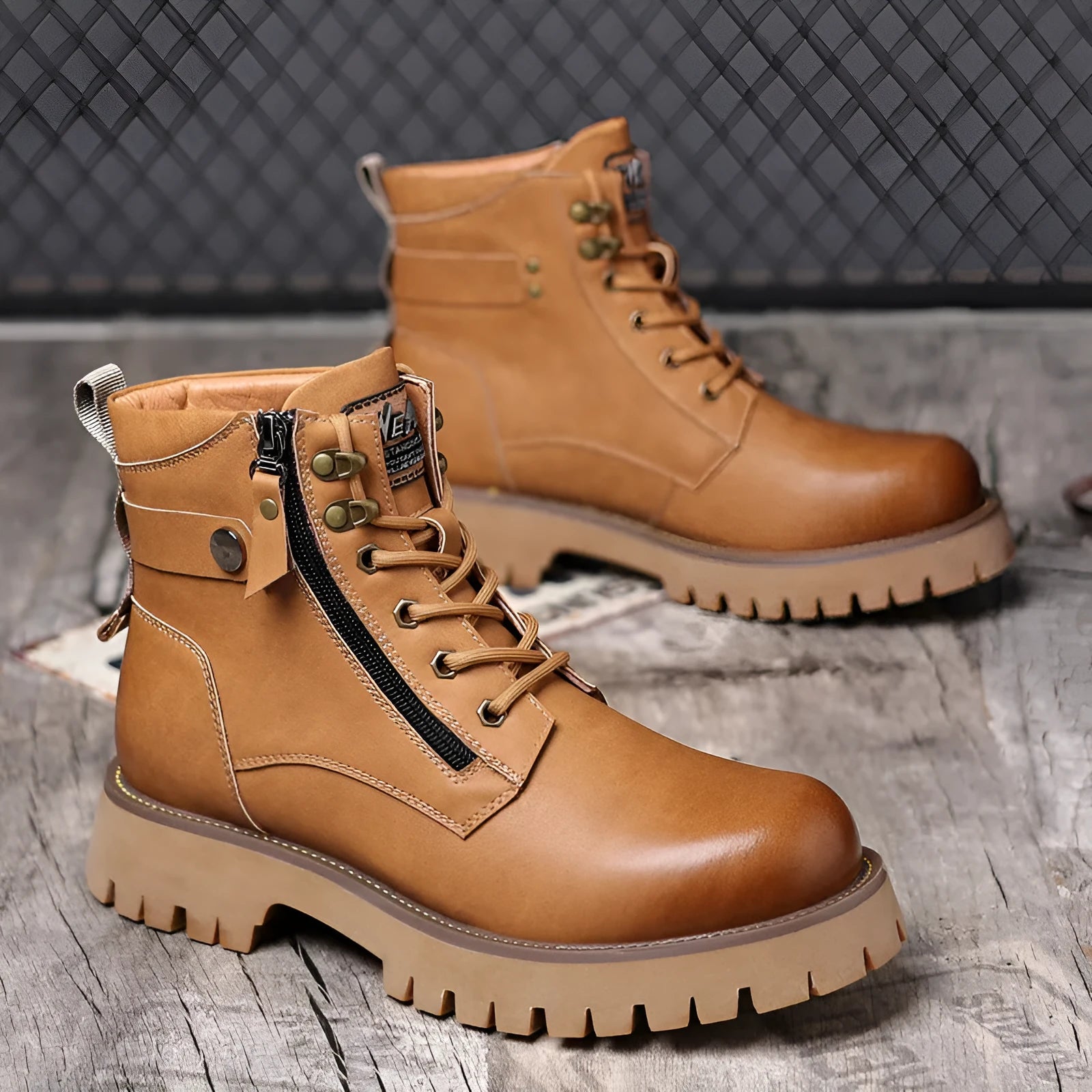Men's brown leather high-top Martin boots with side zipper and round toe on a rubber sole.