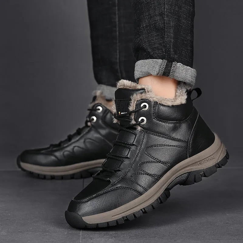 Men's winter boots with plush lining, black, lace-up style, artificial PU upper with cowhide finish, rubber sole