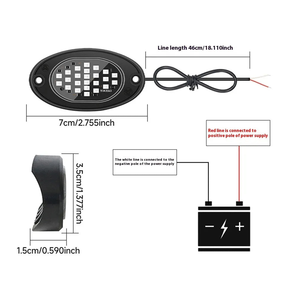 12V car LED chassis ambience light in ABS housing with five colour options on a dark vehicle underside