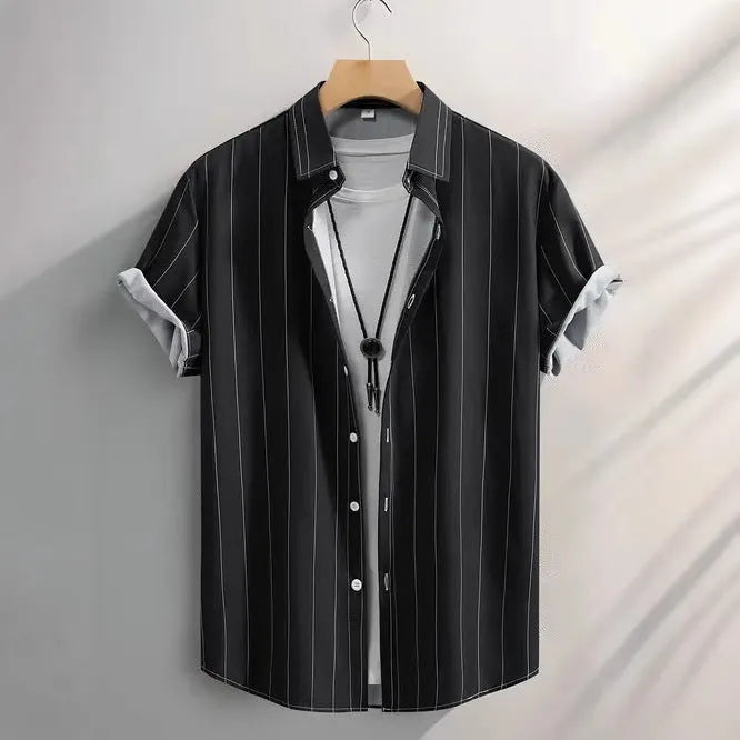 Men's loose fit striped short sleeve shirt with stand collar in chemical blend fabric