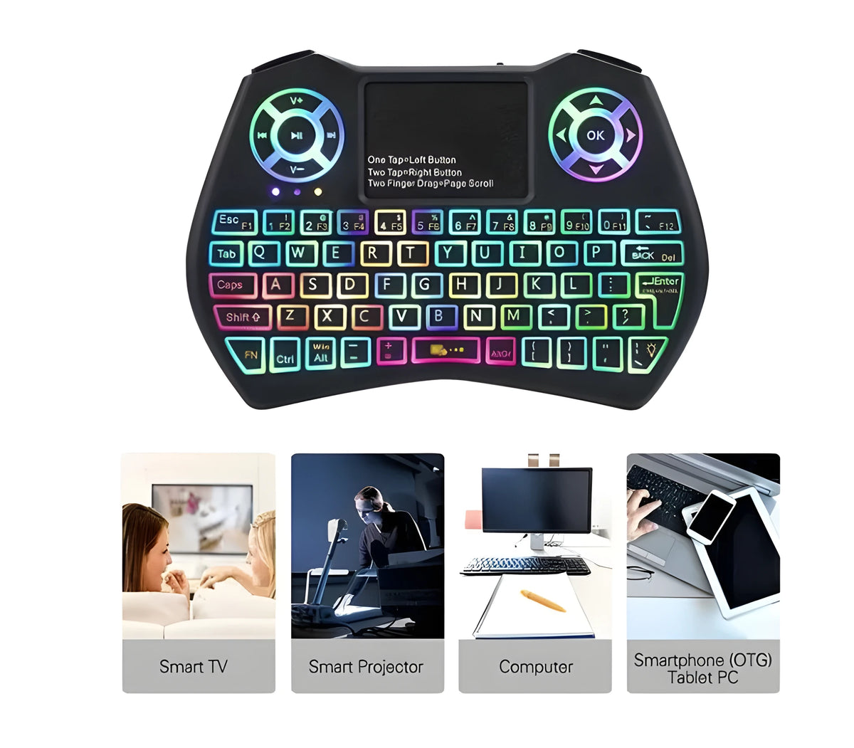 Mini wireless keyboard with Qwerty keys, touchpad, and LED backlit in black
