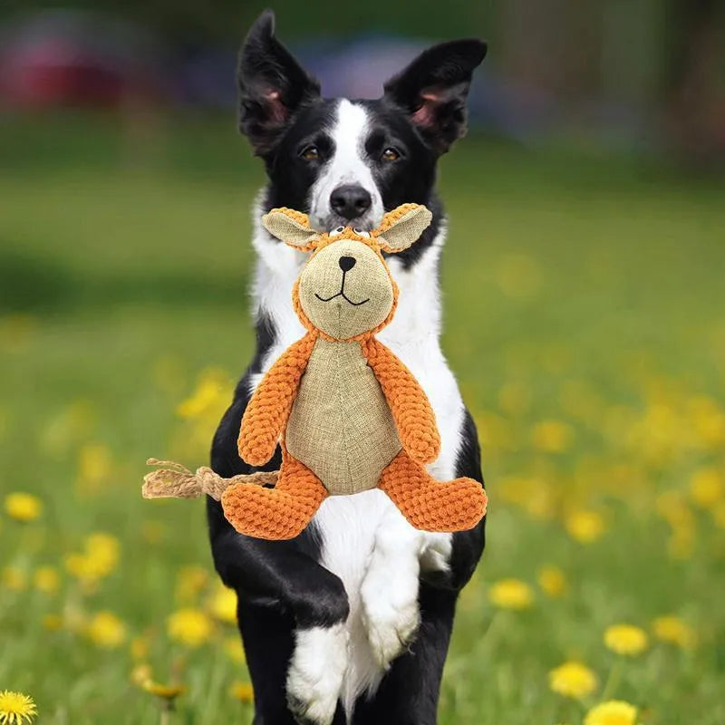 Dog plush squeaky chew toy in animal shapes with cotton filling for teeth cleaning and interactive play