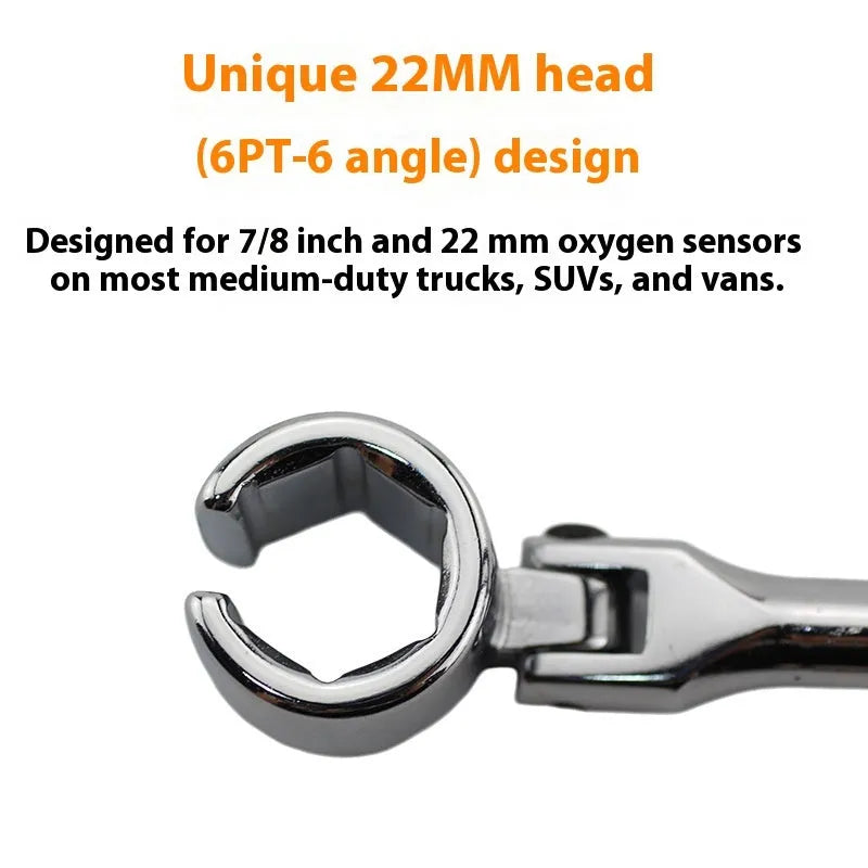 22mm hexagonal chrome-plated oxygen sensor removal socket wrench on a workshop bench.