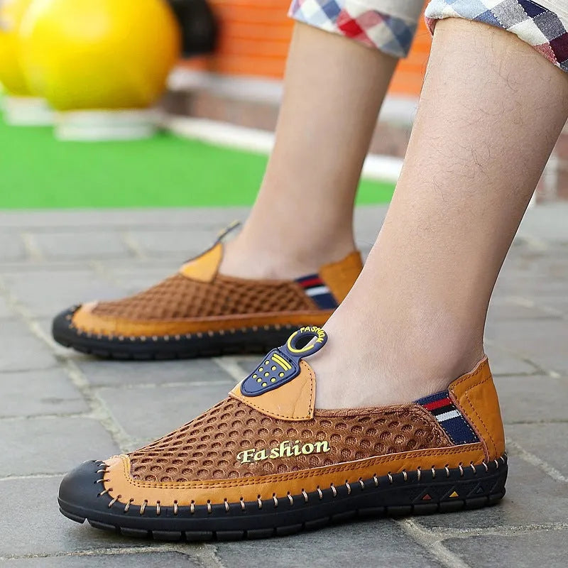 Men's brown breathable mesh casual shoes with a round toe and non-slip rubber sole.