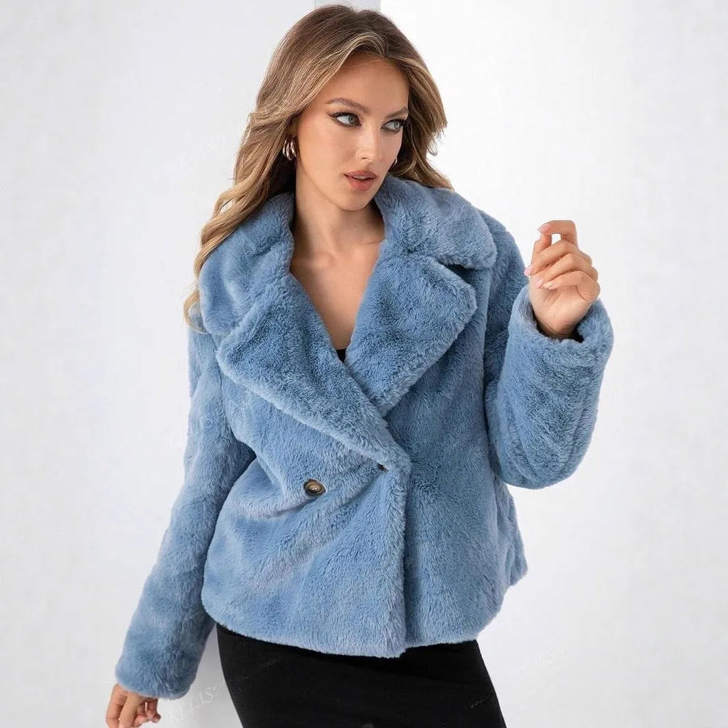Women's loose short faux fur coat in rose red, shown on a model.
