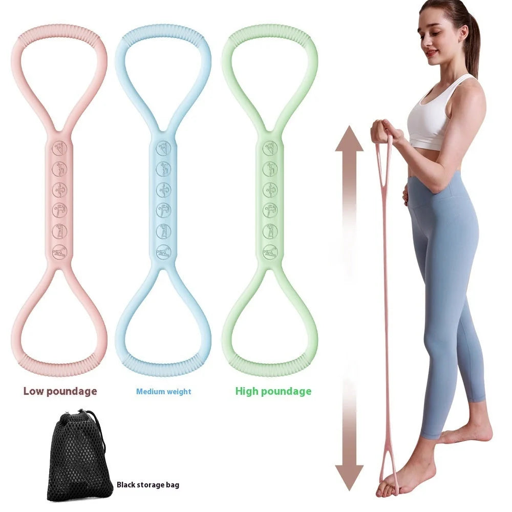 Women's silicone resistance bands in pink, blue, green, and multicolor for strength training