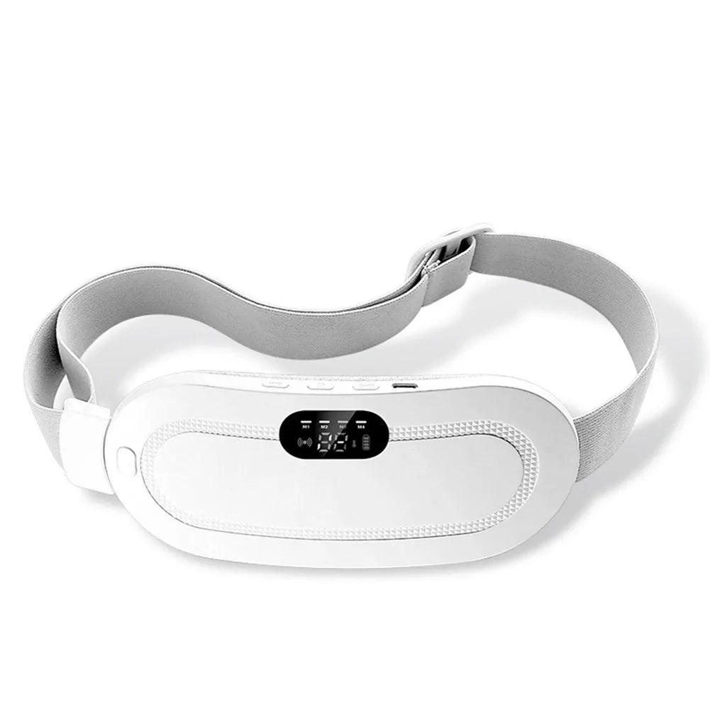 Pink electric heating and massage belt for waist and abdominal pain relief with digital controller.