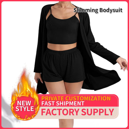 Women's solid colour suit set in Black or Coffee, includes top, shorts, and jacket