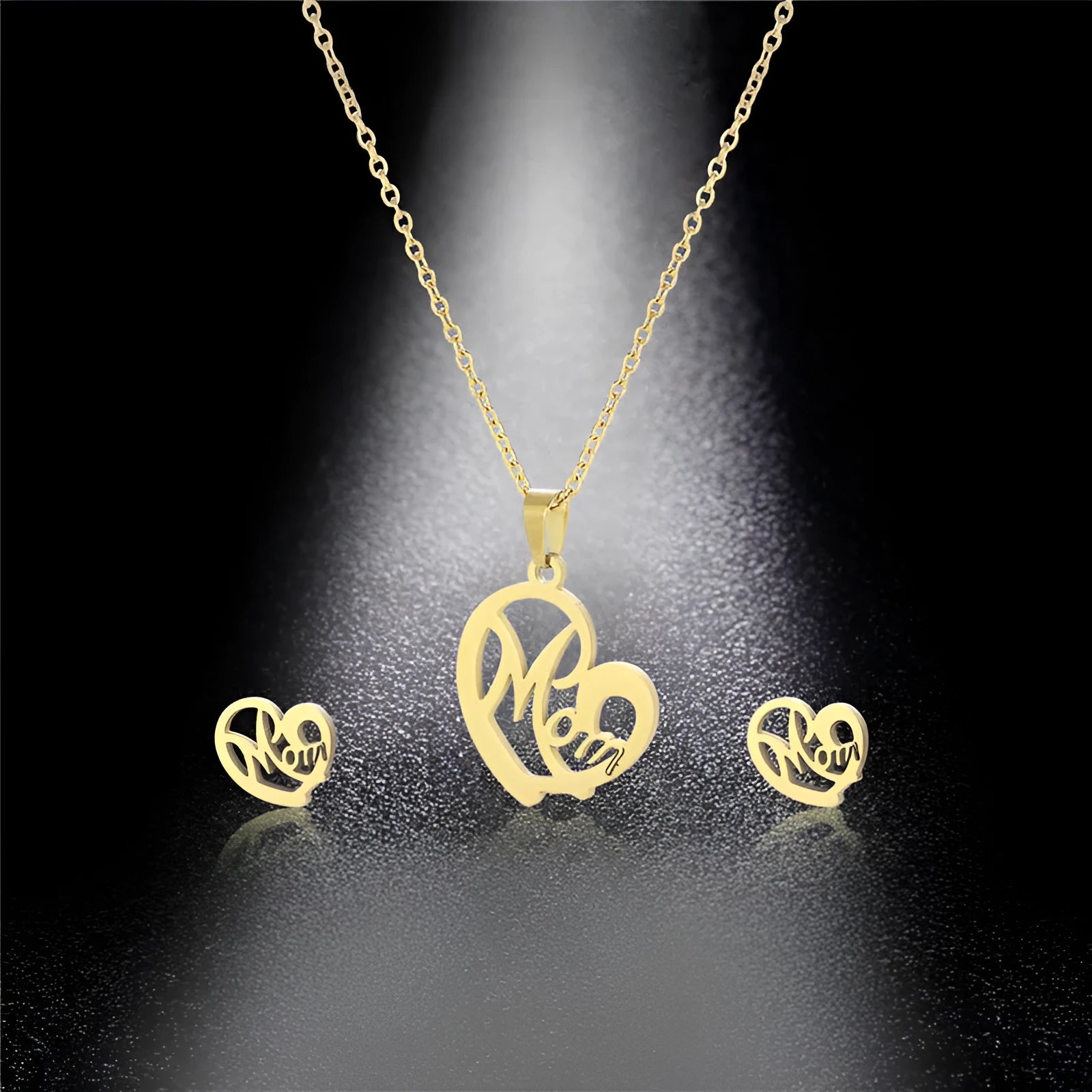 Stainless steel heart-shaped mom necklace and earring set in TZ-216 gold finish on display