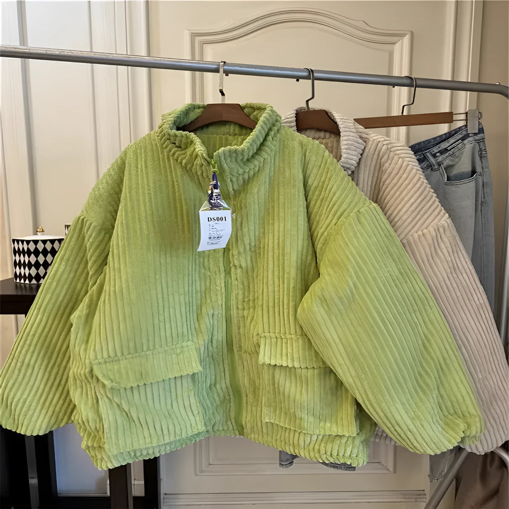 Men's thick corduroy bread coat in khaki, loose cardigan fit with patch pocket on front
