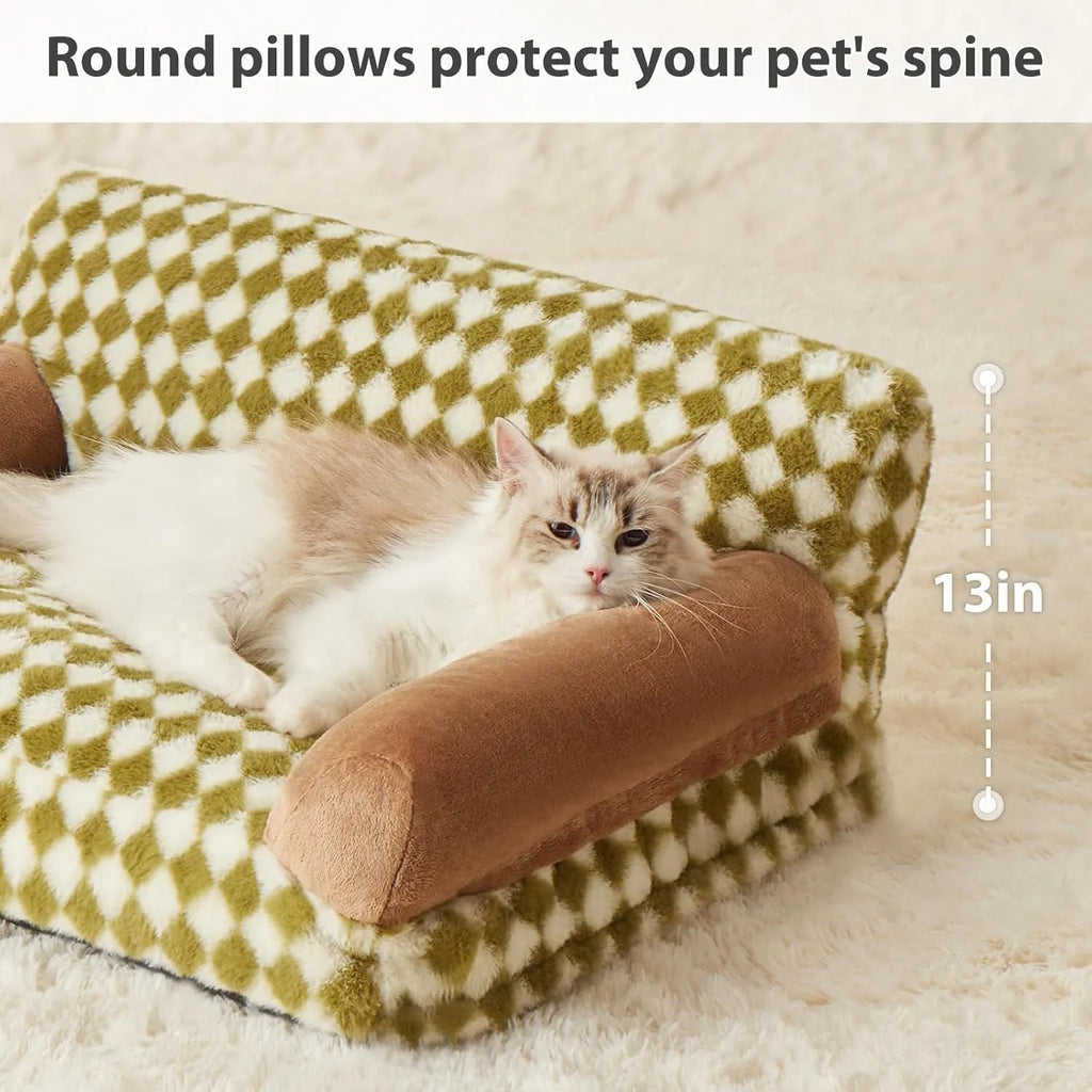 Checkered pattern pet sofa bed for a cat, showing removable cover and non-slip bottom.
