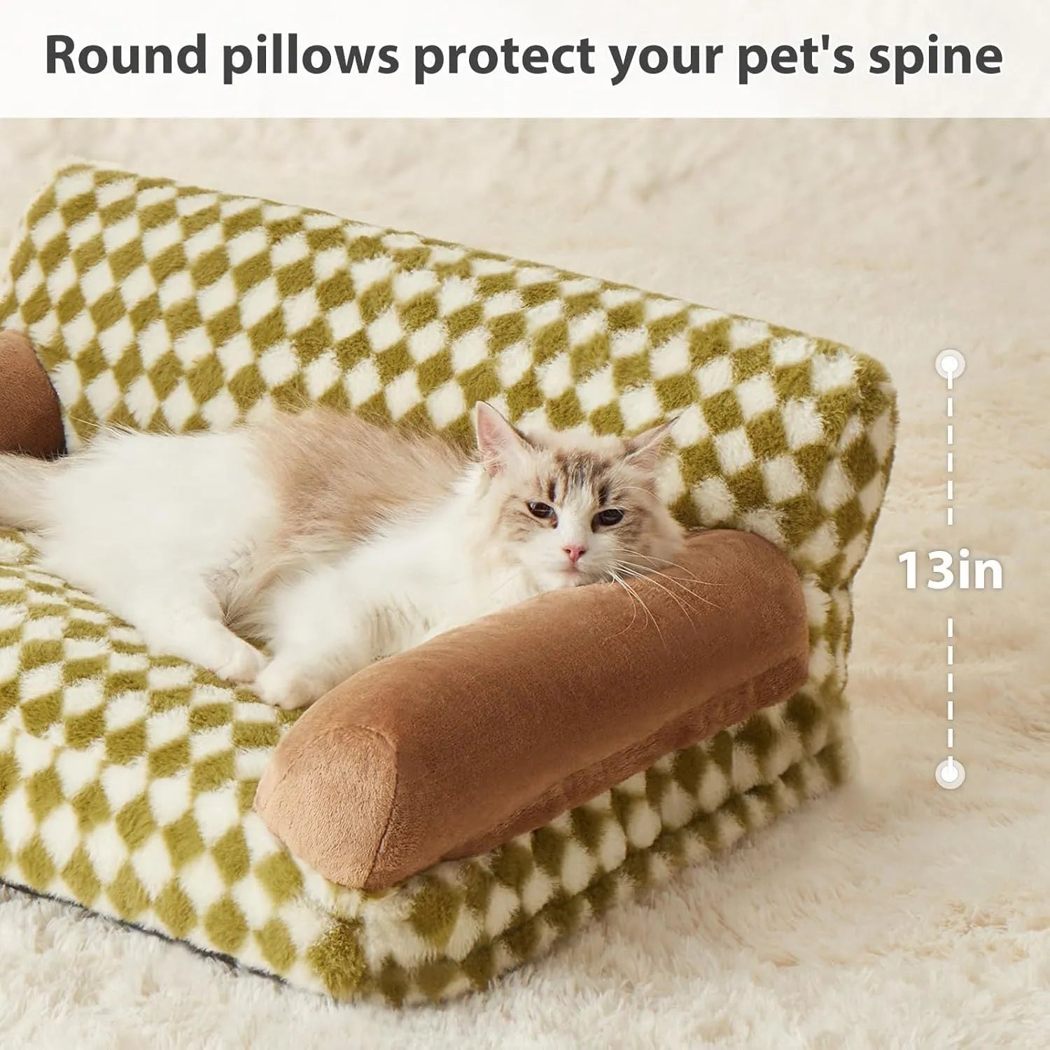 Checkered pattern pet sofa bed for a cat, showing removable cover and non-slip bottom.