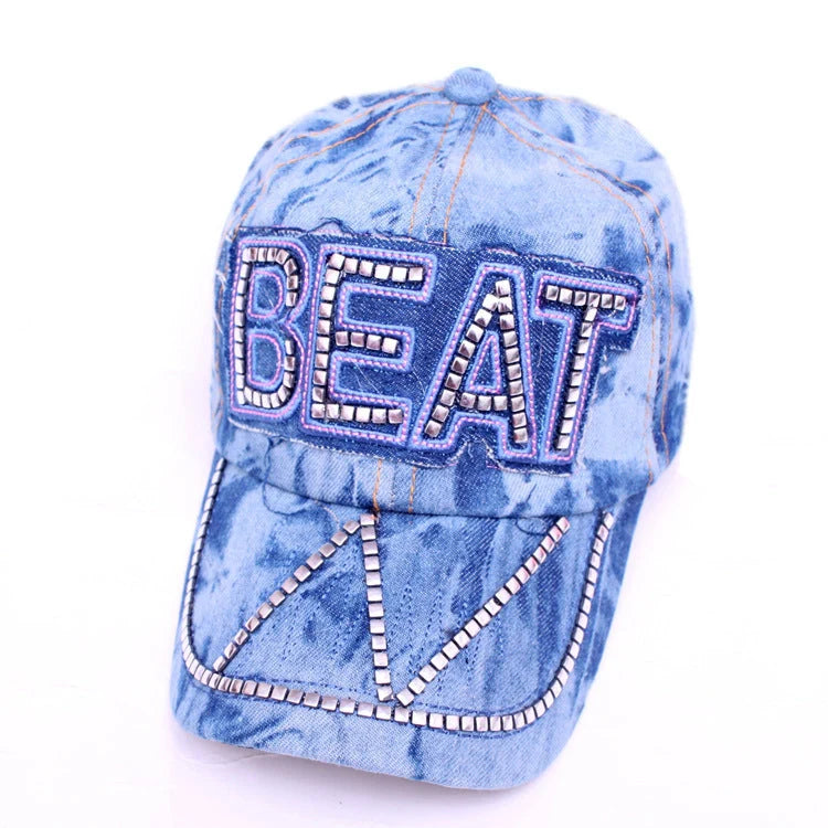 Korean-style denim baseball cap with rhinestone accents in blue, black, and dark blue