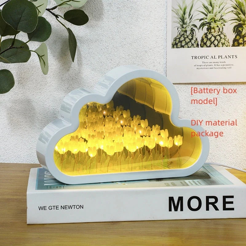 DIY Tulip Night Lamp with LED light and decorative mirror in pink, purple, or blue