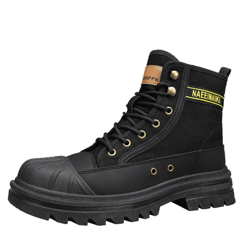 Men's thick-soled canvas casual motorcycle boots in black with front lace-up and round toe, side view
