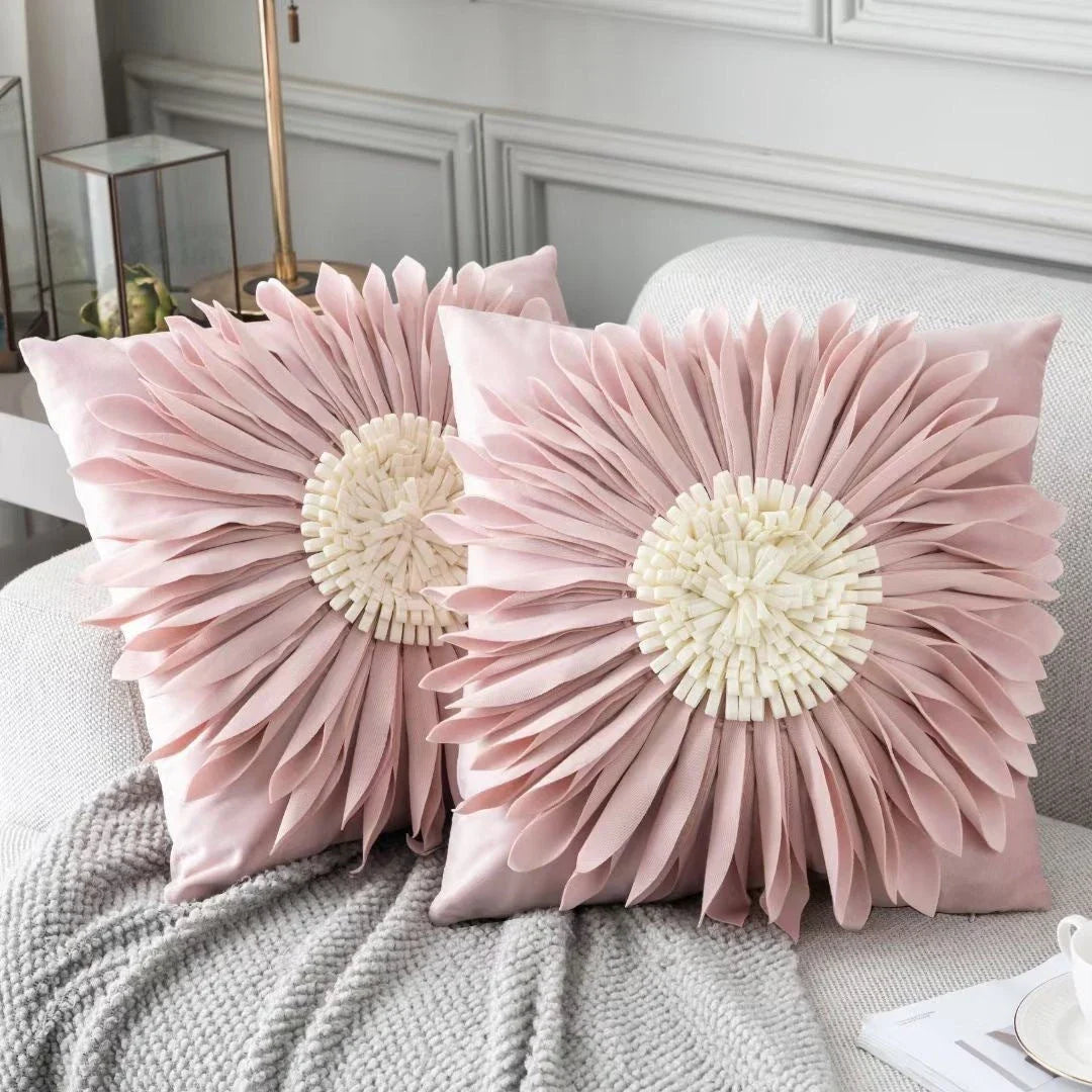 Luxurious velvet throw cushions with elegant 3D chrysanthemum embroidery, available in a range of sophisticated colours.