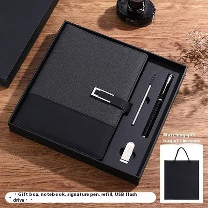 A5 soft PU leather business notebook in choice of five colours, shown with wood-free paper pages and optional gift box.
