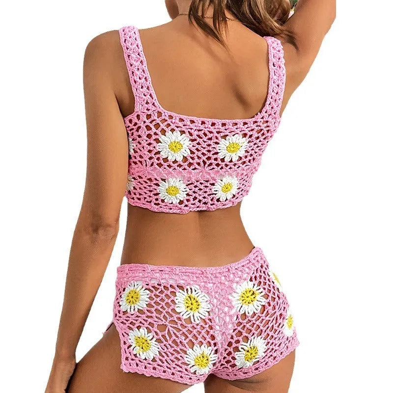 Flower pattern swimsuit bikini set with hollow yarn fabric in light green or pink colour