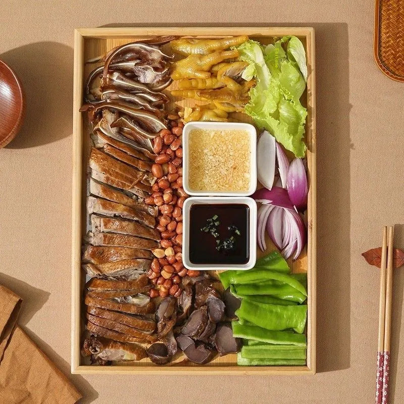 Square bamboo barbecue plate tray with brown handle in pastoral design
