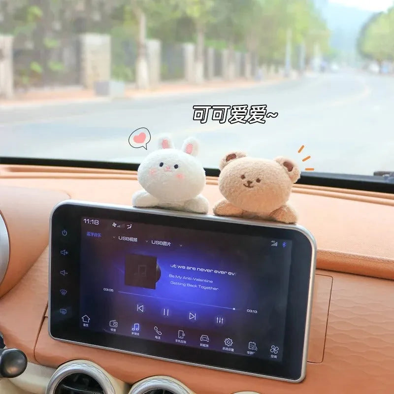 Fabric plush doll car centre console decoration in bear or rabbit cartoon designs