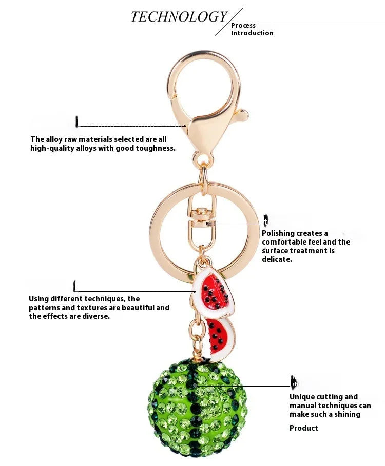 Green zinc alloy watermelon slice keychain measuring 12cm.