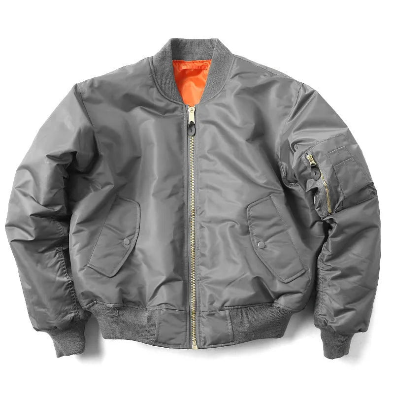 Men's loose fit nylon pilot jacket in Army Green shown on a hanger.