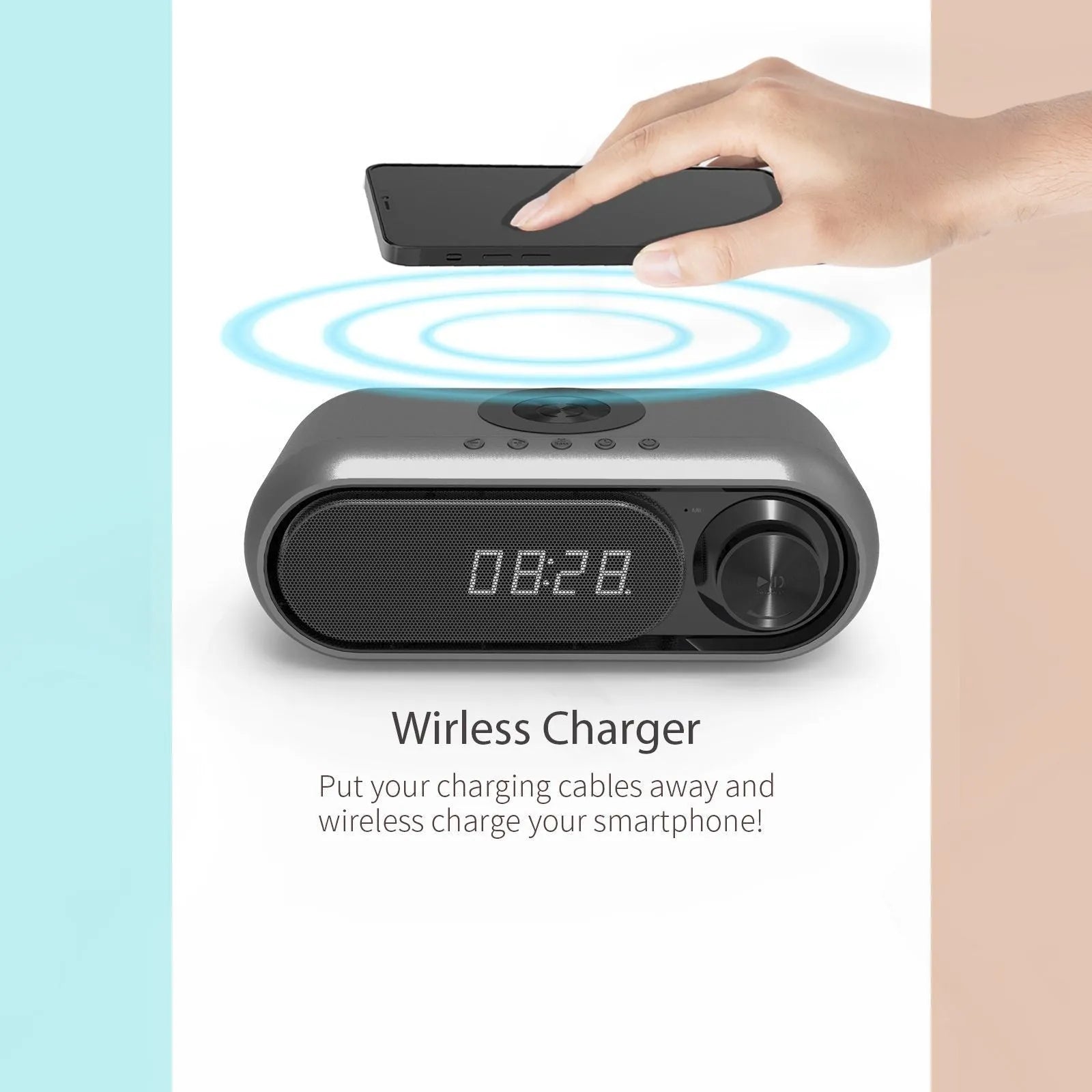 Wireless charging bedside alarm clock with LED display in space grey colour showing time and charging smartphone