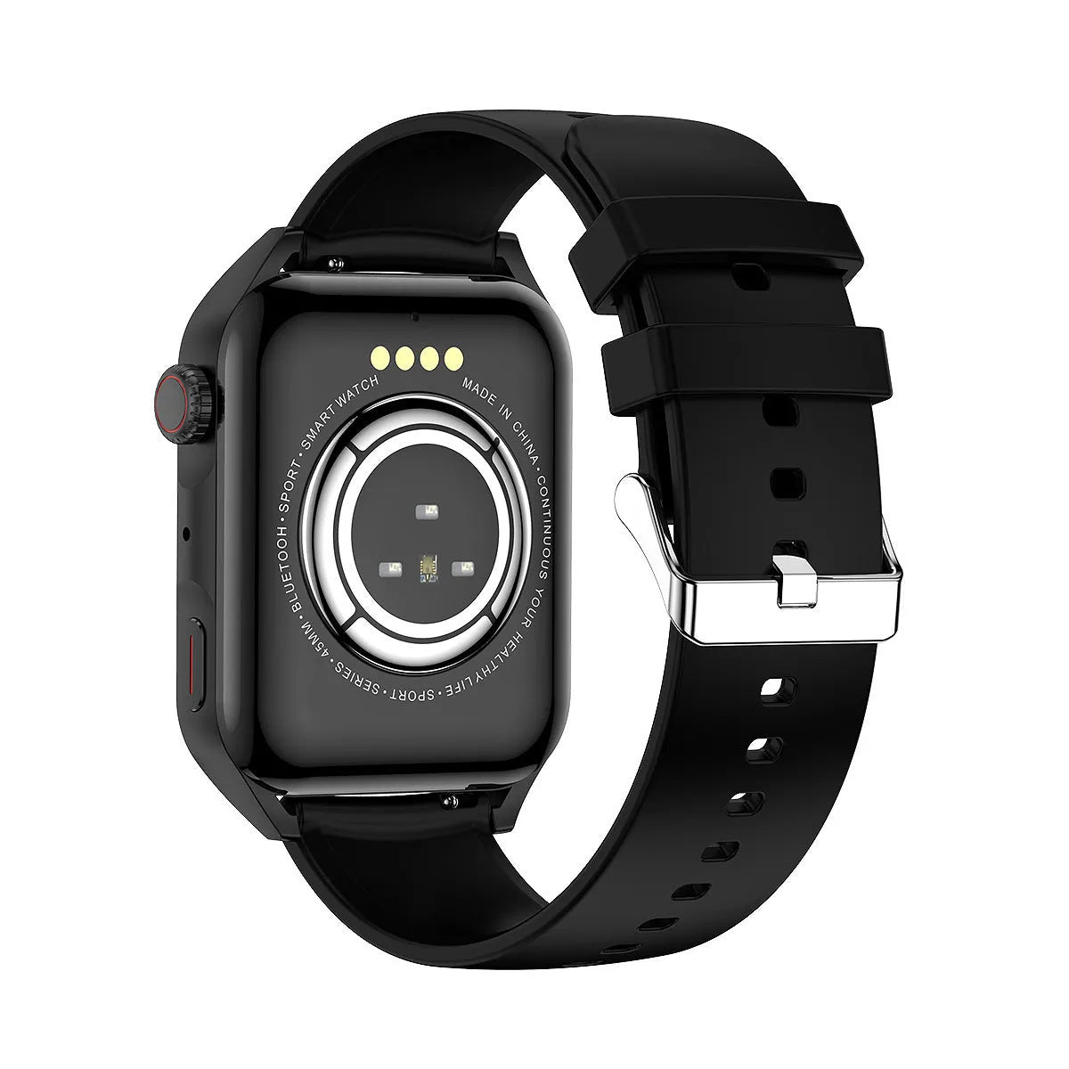 Black AMOLED smart watch with multi-dial display on a silicone wrist strap
