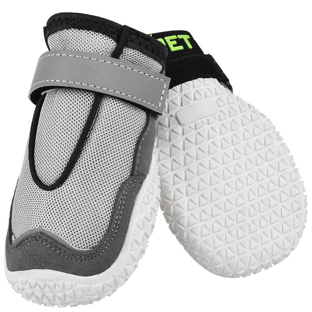 Grey wear-resistant breathable pet shoes for big dogs with reflective tape and rubber outsole