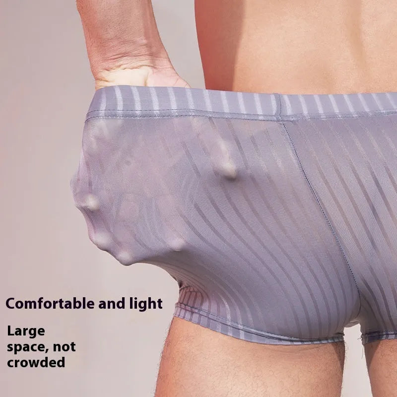 Men's thin transparent striped nylon briefs in black, dark grey and white colours.