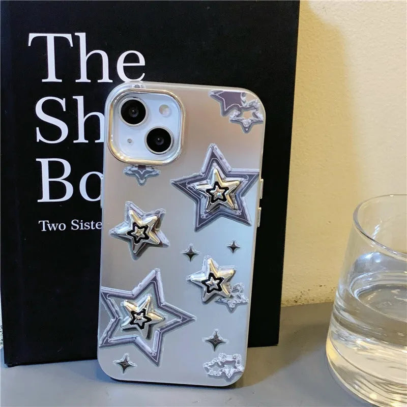 Silver grey electroplated three-dimensional star hard acrylic phone case for iPhone on white background