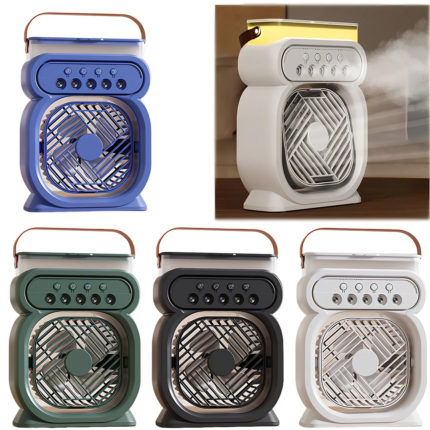 Black 3-in-1 portable USB air cooler with 7-colour LED lights, 170x75x240mm, showing water tank and speed controls