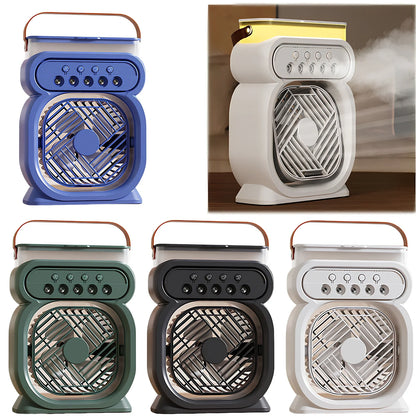 Black 3-in-1 portable USB air cooler with 7-colour LED lights, 170x75x240mm, showing water tank and speed controls