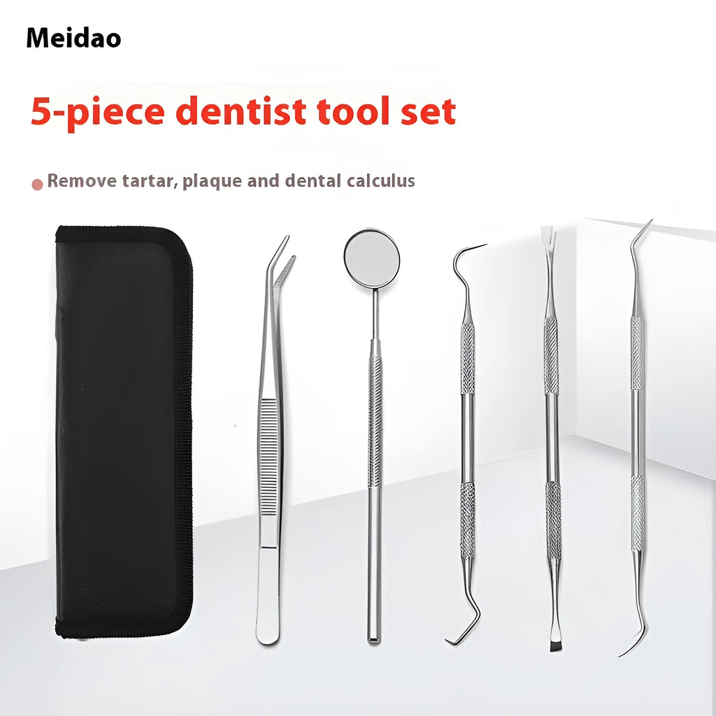 Stainless steel dental tools set with oral mirror and probes on grey background