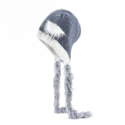 Cat ears mink wool knitted hat in white with tassel detail, 29x23cm dimensions