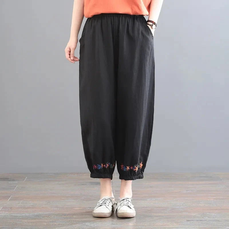Women's vintage cotton linen casual pants in solid colours - beige, black, grey, navy blue