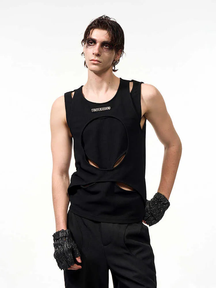Men's loose fit sleeveless waistcoat vest in black shown on a hanger