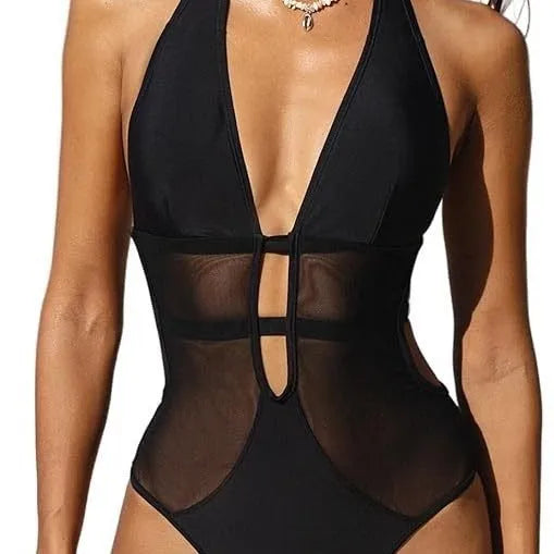 Black women's one-piece swimsuit with v-neck mesh design for swimming