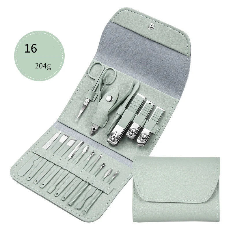 Professional Nail Care Set with stainless steel tools in a leather case