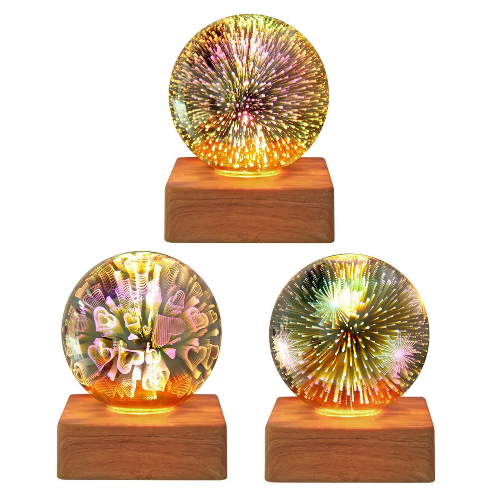 Spherical USB touch control LED night light showing starry sky pattern on a desk.