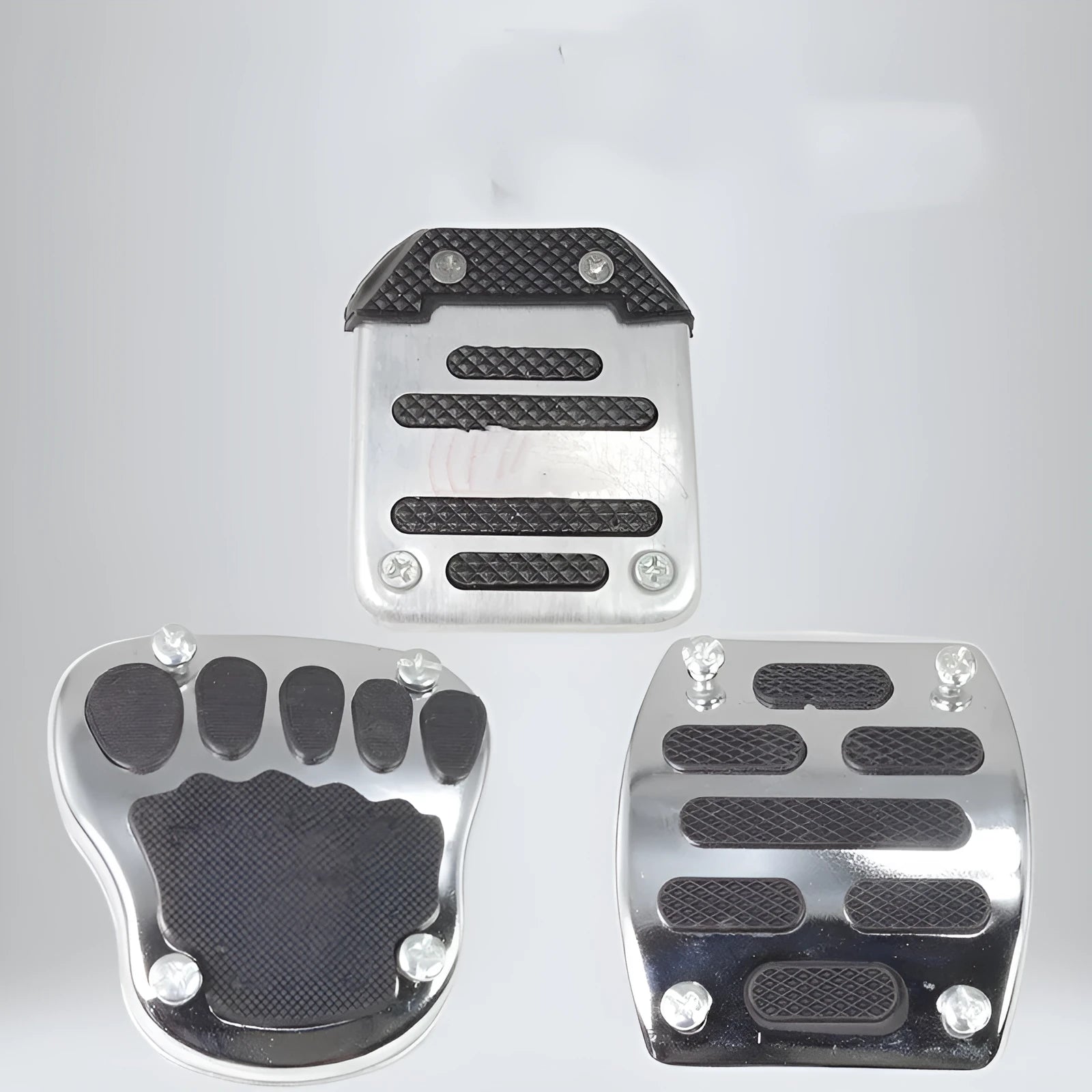 Metal motorcycle brake pedal skid plate replacement part shown from above