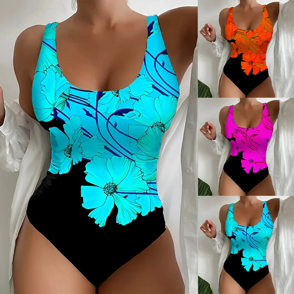 Women's orange red one-piece swimsuit with 3D printed pattern, sizes S to 2XL.