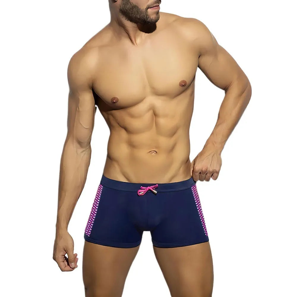 Men's polka dot print quick-drying swimming boxers in black, dark blue and yellow colour options