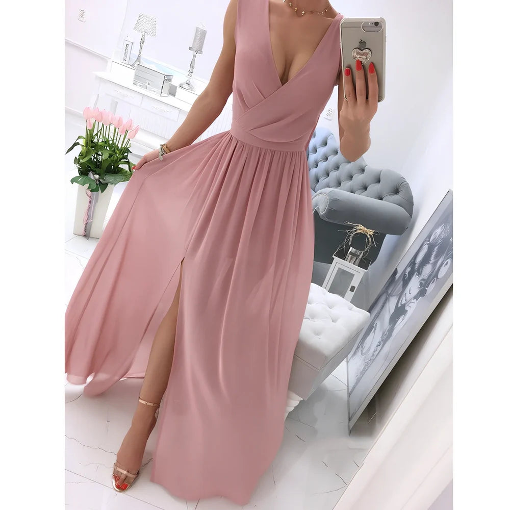 Women's apricot sleeveless V-neck maxi dress with high waist and 15-20 cm front split, polyester fabric, size M shown