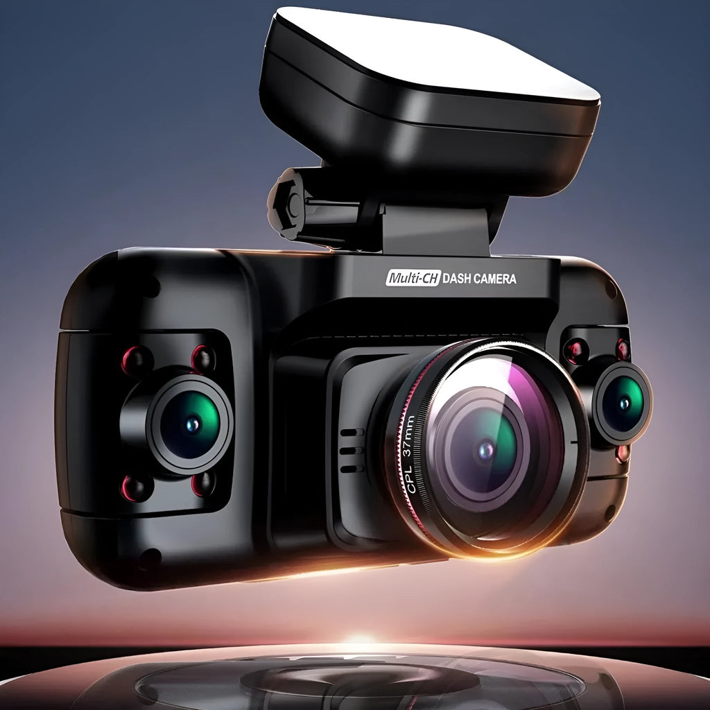 Plastic car dash cam with four lenses and a 2-inch screen for parking surveillance.