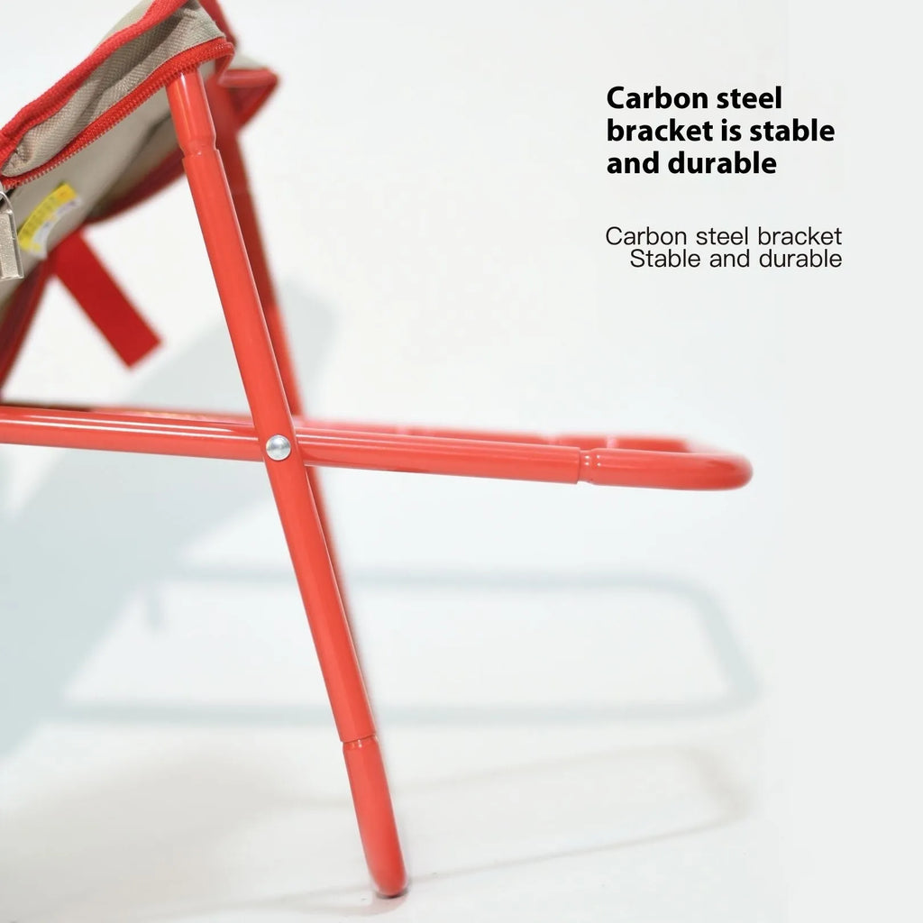 Lightweight foldable camp chair stool in oxford cloth shown in khaki colour, folded compactly.