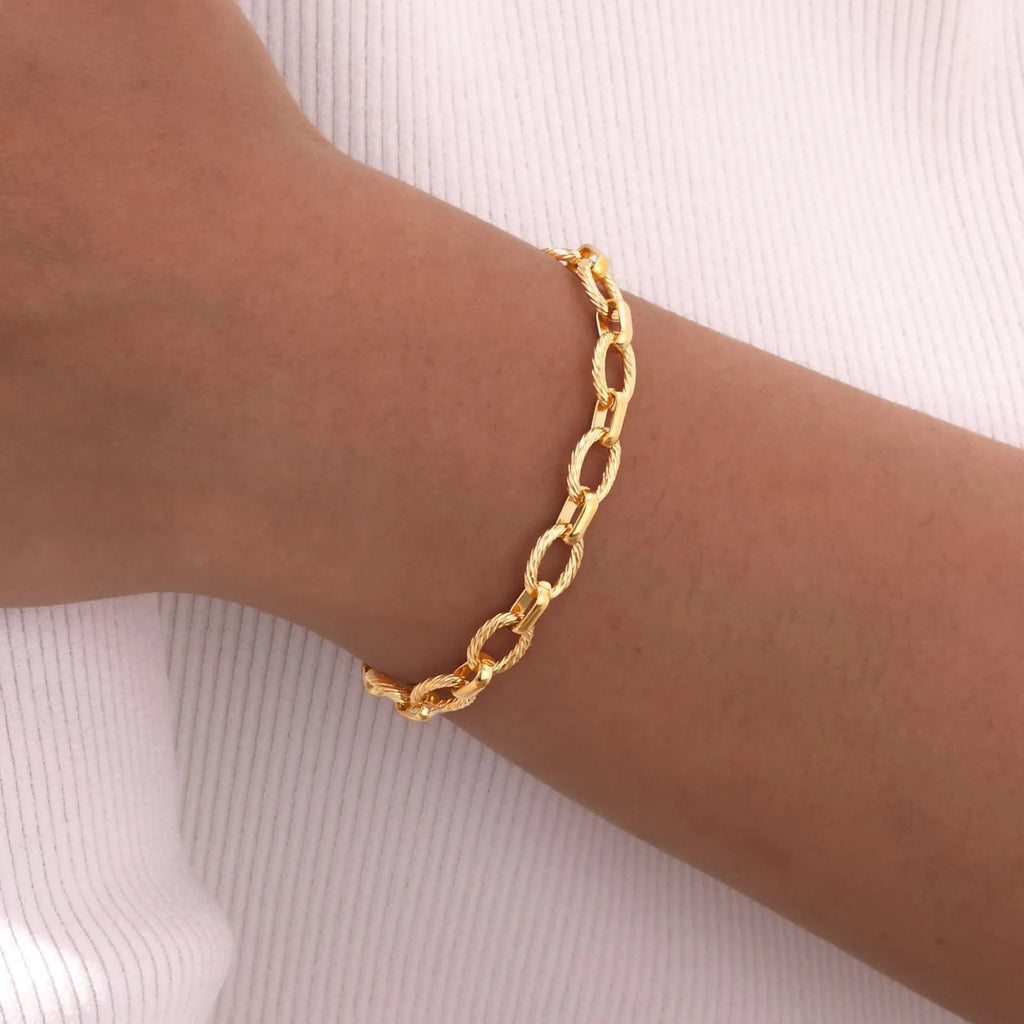 Gold electroplated stainless steel geometric embossed necklace and bracelet set for women