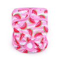 Cloth dog menstrual panties with colourful cartoon prints, available in multiple sizes and colours for heat-cycle protection