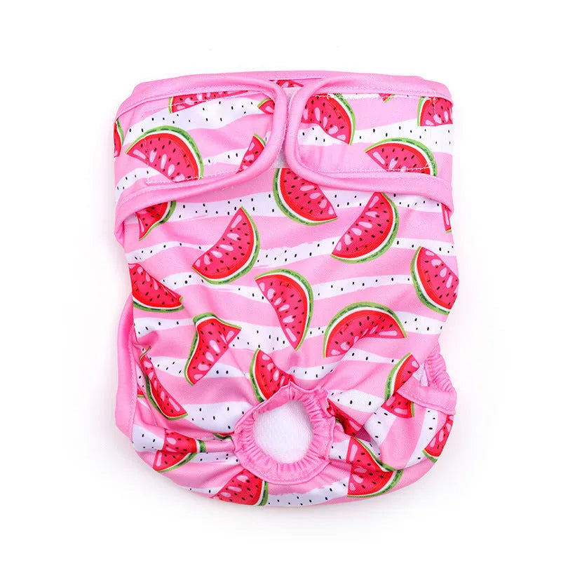 Cloth dog menstrual panties with colourful cartoon prints, available in multiple sizes and colours for heat-cycle protection