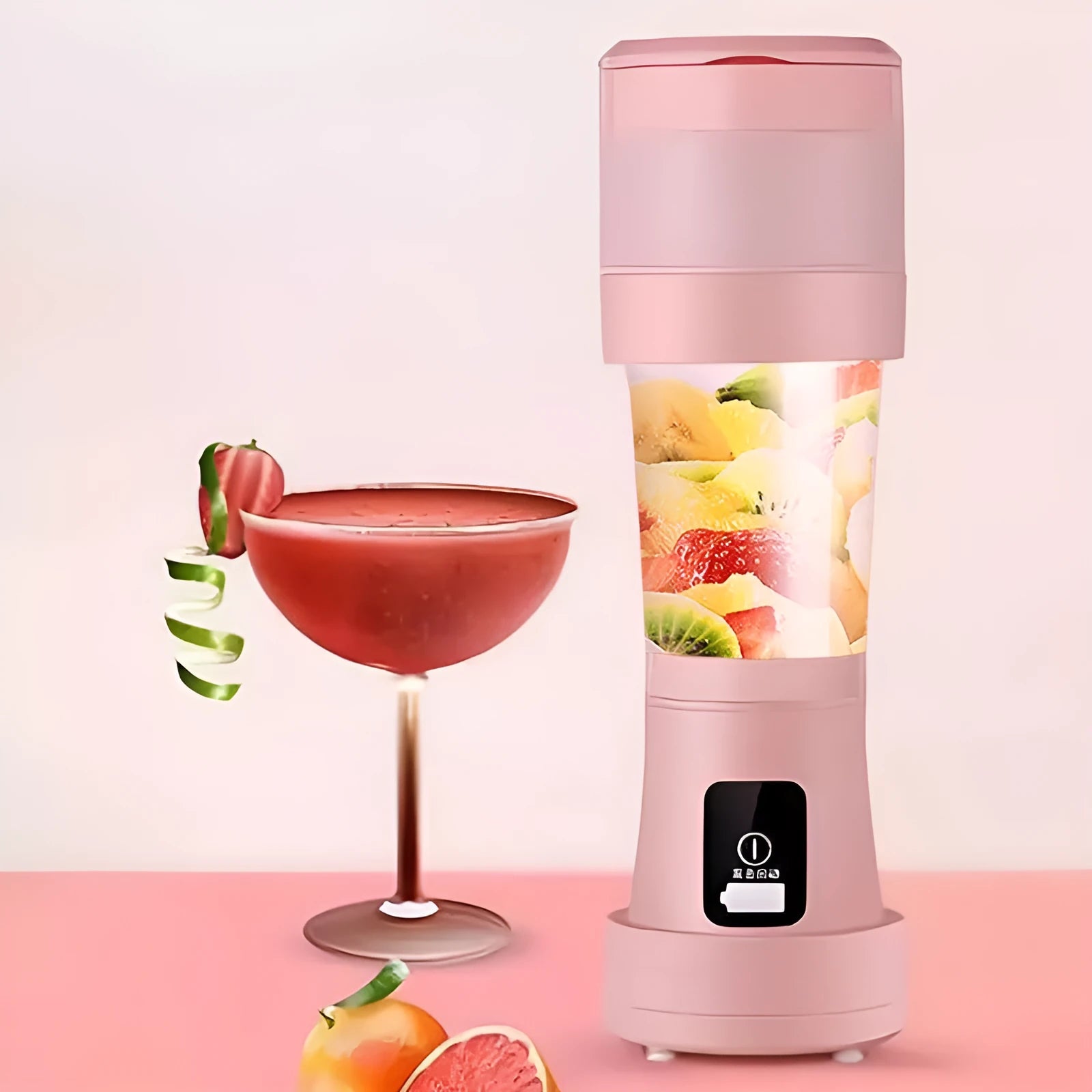 Blue mini portable blender with stainless steel blades, shown extended and folded next to a USB cable.